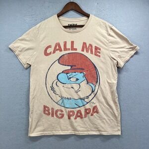 The Smurfs Graphic Tee Mens Large Tan Call Me Big Papa Papa Smurf Retro Cartoon